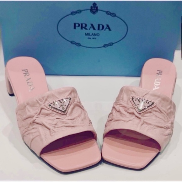 Prada Crinkled Leather Block-Heel Slip on Logo Mules Sandals size 8 Pale Pink - Picture 5 of 12
